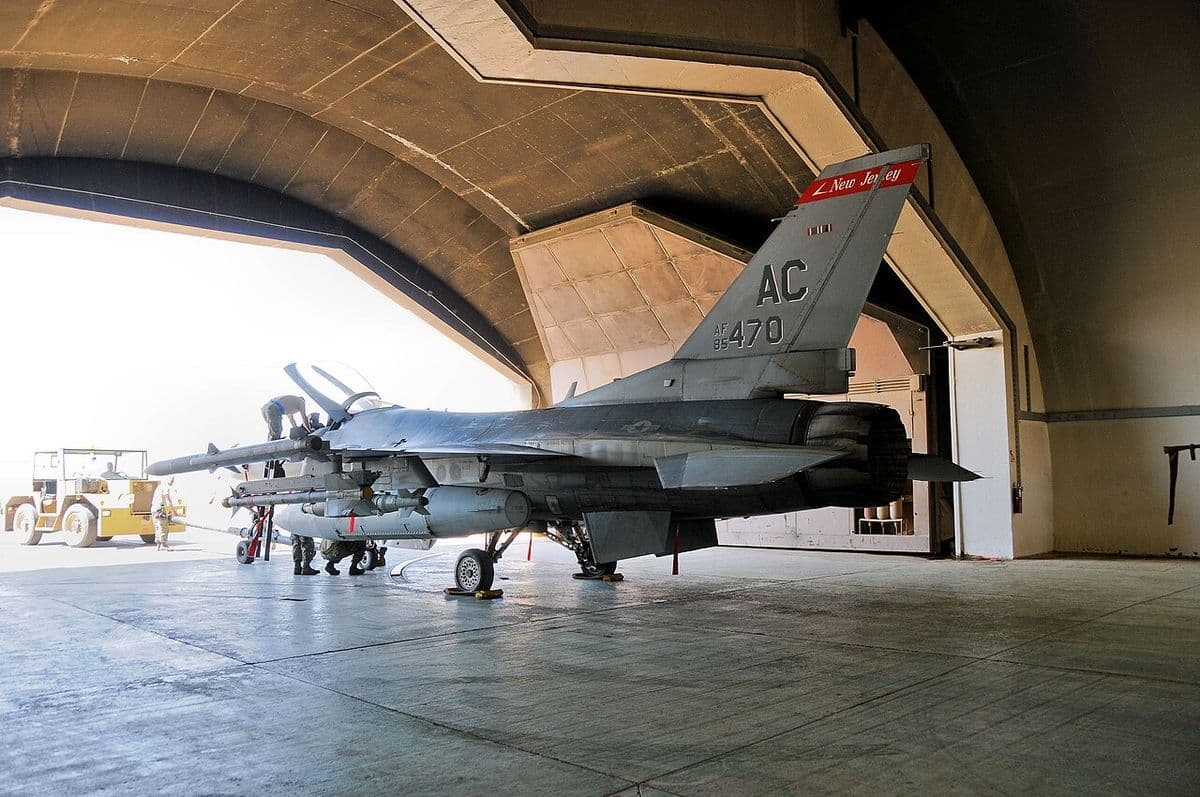 Fighter jet parked inside a hardened aircraft shelter